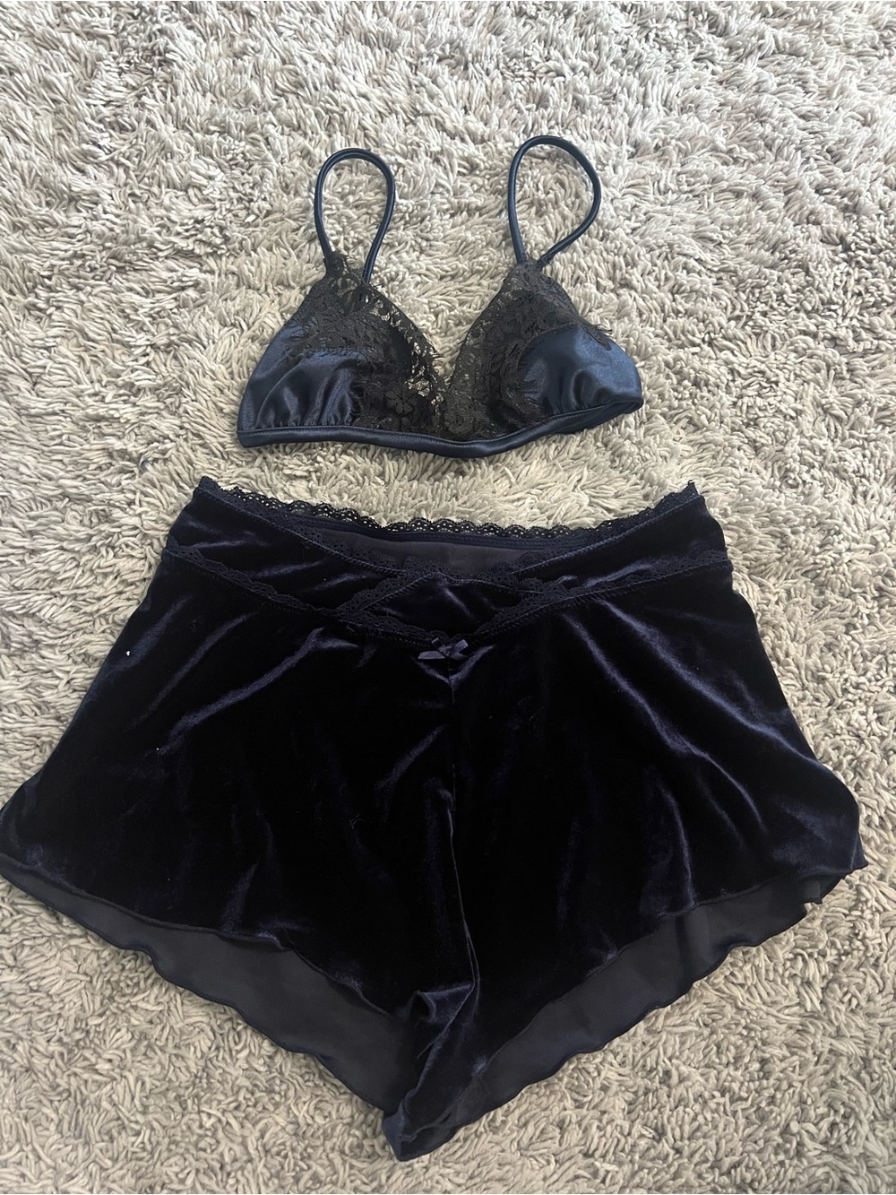 Forever 21 Black Lace Bralette & Velvet Shorts Sleep Set